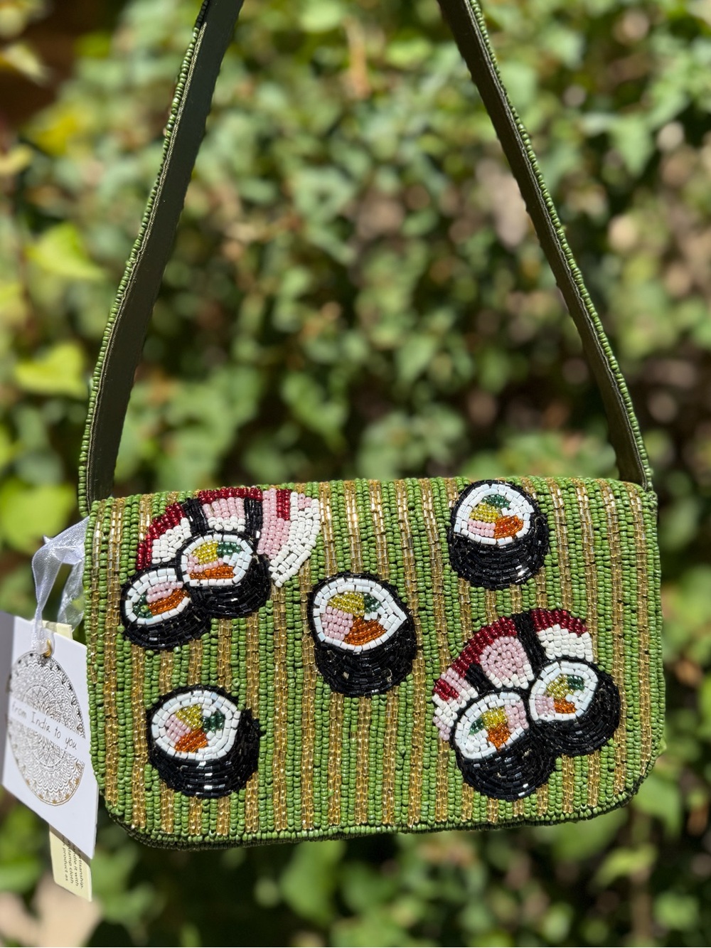 NWT Made in India Sushi Rolls Green Gold Beaded Shoulder Bag